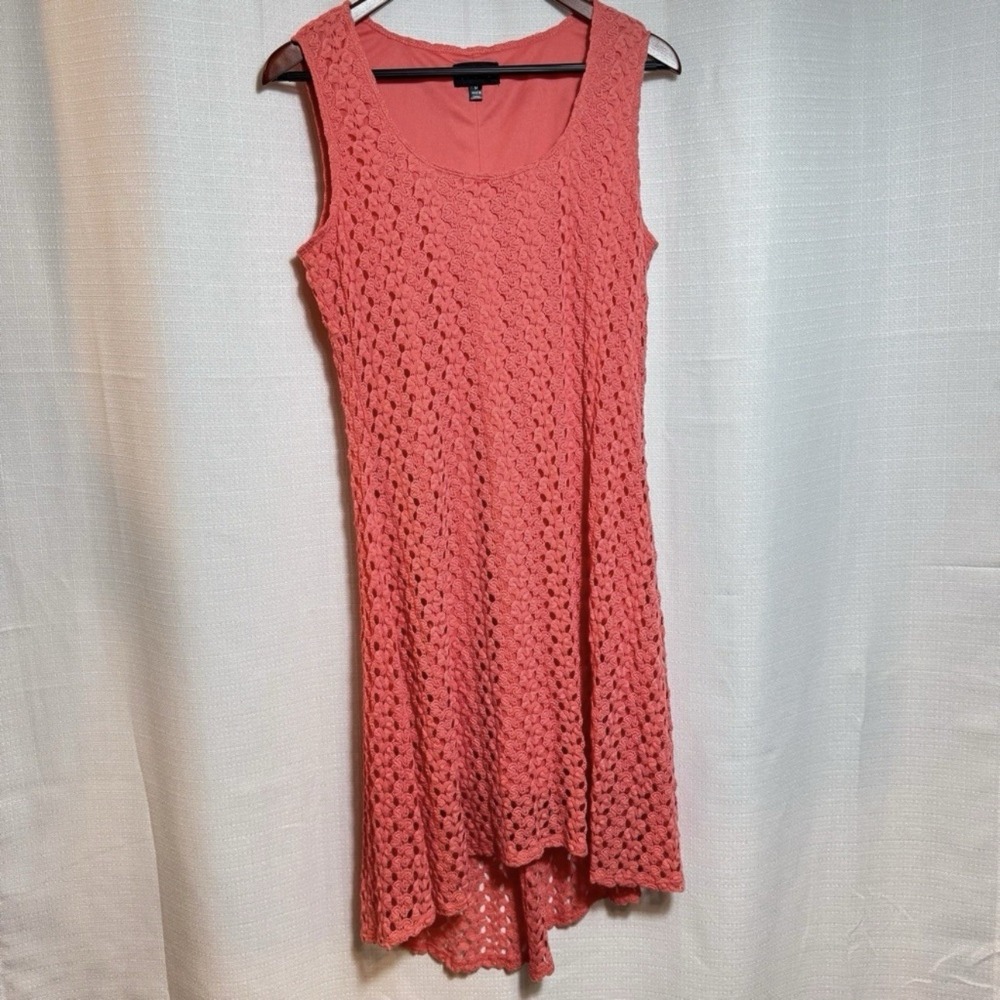 Crochet Lace Dress Medium Coral Pink Sleeveless High Low Hem Flowy Boho Casual